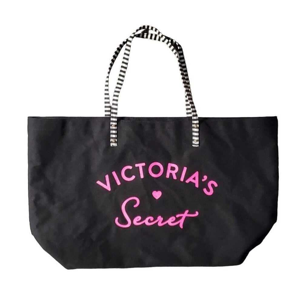 Victoria's Secret Black Canvas Tote Bag With Striped Handles & Pink Logo
